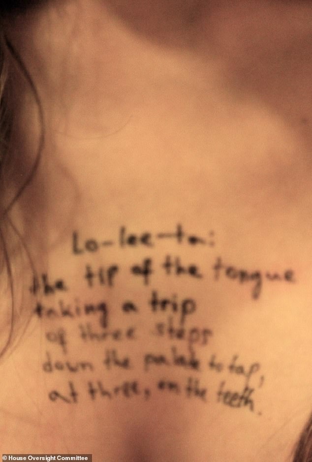 Another shows text that reads: 'Lo-lee-ta: the tip of the tongue taking a trip of three steps down the palate to tap, at three, on the teeth' on a person's chest