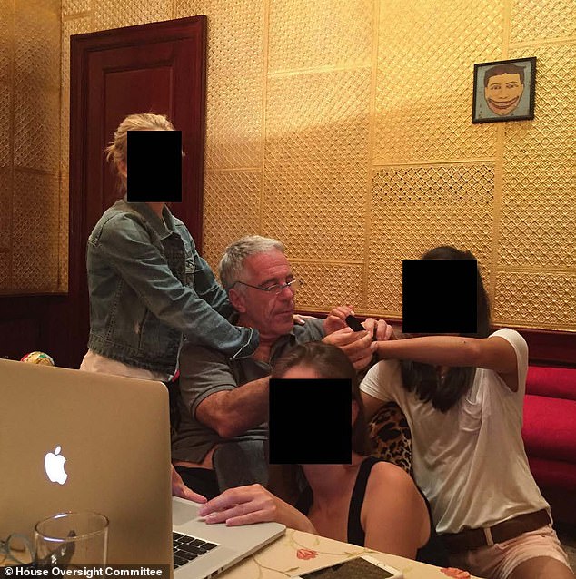 Another image includes Epstein seated at a desk with three females whose faces have been blacked out