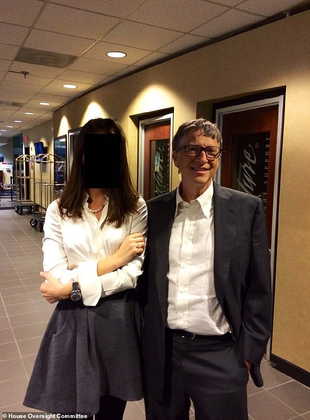 In the newly released pictures, Microsoft founder Bill Gates appears alongside a female whose face has been blurred