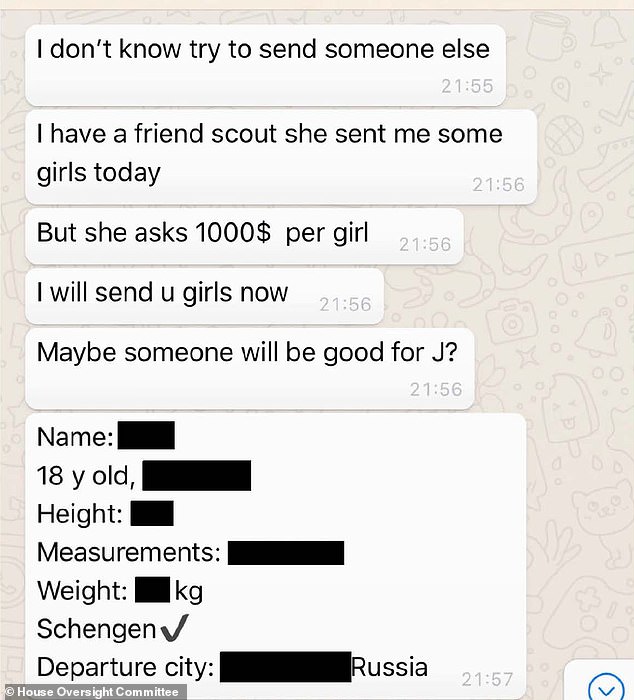 One of the pictures show messages from an unidentified sender saying: 'I have a friend scout she sent me some girls today', followed by 'But she asks 1000$ per girl'.