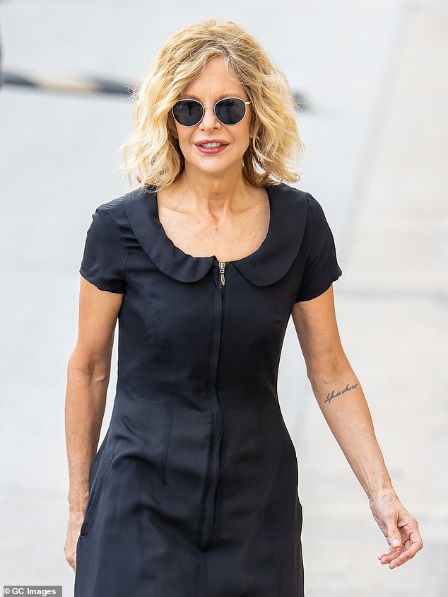Meg Ryan committed a positive motto to her body aged, 51 in 2016 when she had the phrase 'life is short' inked on her forearm in cursive (pictured in October)