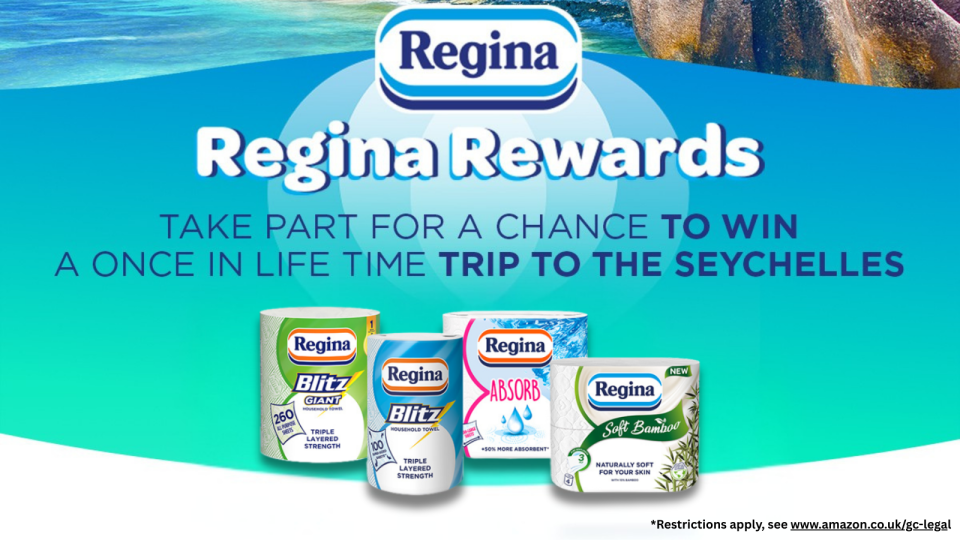 An advertisement for "Regina Rewards" offering a chance to win a trip to the Seychelles, featuring various Regina brand products.