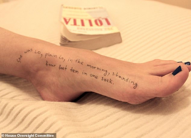 A woman's foot is seen with a quote from Vladimir Nabokov's Lolita - with the novel pictured in the background