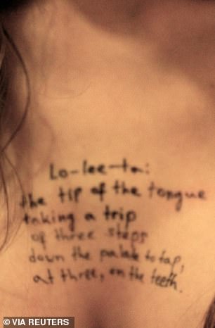 One of the pictures shows a woman's chest with a Lolita quote written across it
