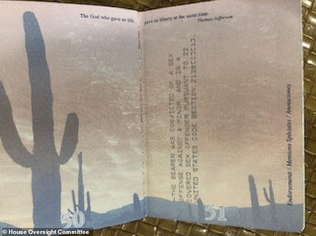 His passport includes a page which has a notice stating that the bearer 'is a registered sex offender who 'was convicted of a sex offence against a minor'