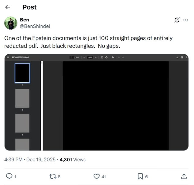 Social media users were outraged that many of the documents released by the DOJ were entirely redacted