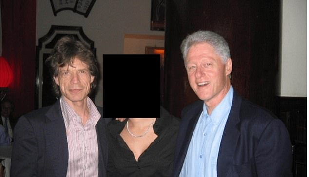 Mick Jagger and Bill Clinton surround an unknown woman