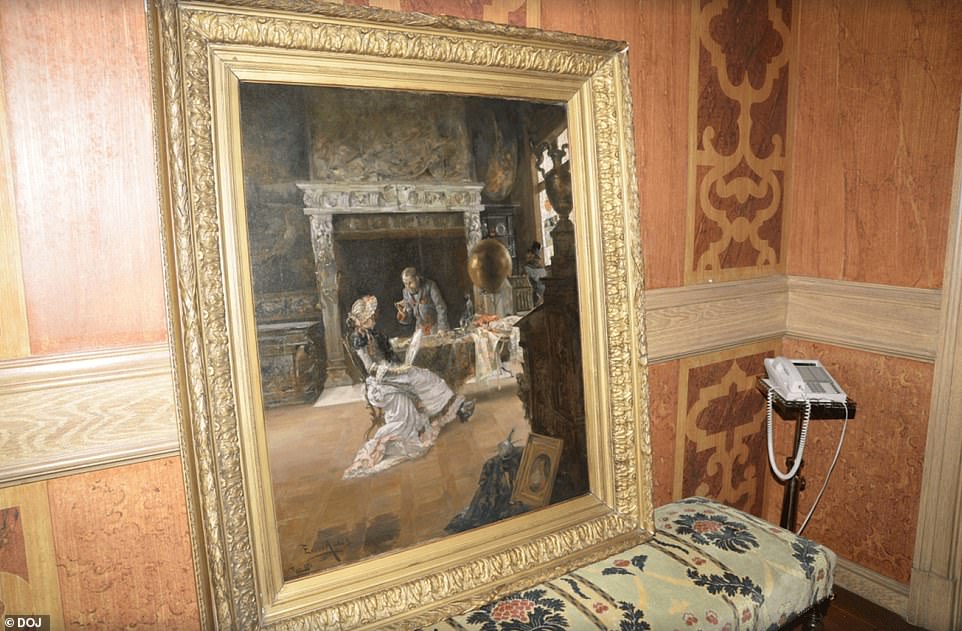 A classic painting perched on a couch inside the Manhattan townhouse