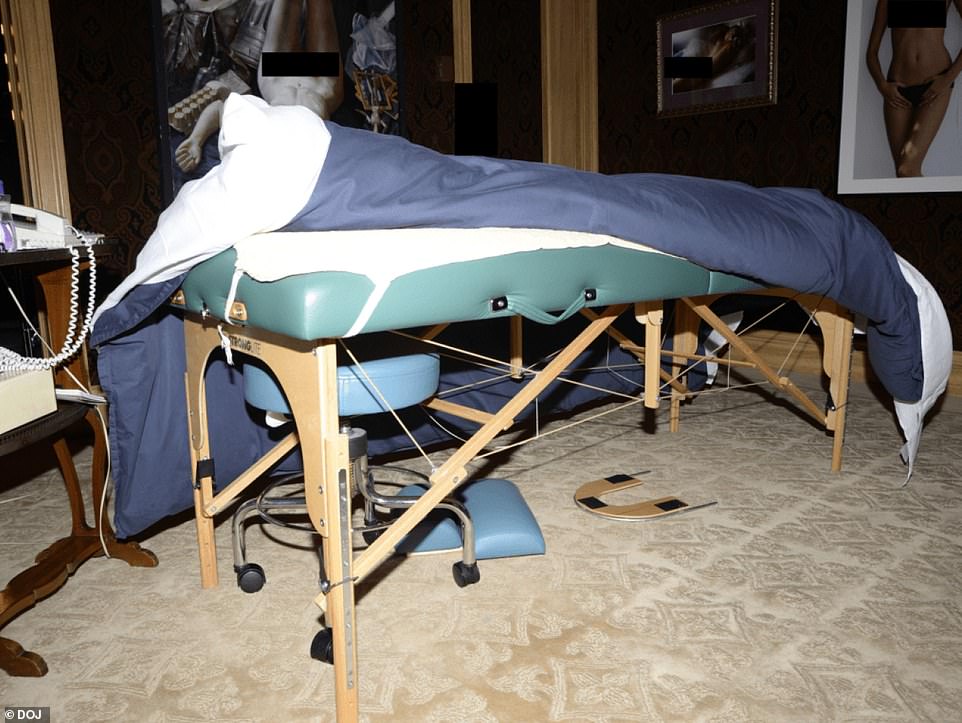 The massage table was surrounded by redacted images of half-dressed women