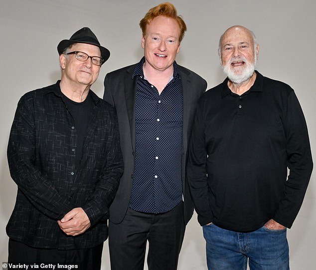The Daily Mail understands a memorial was held Monday at the home of Albert Brooks, with Conan O'Brien in attendance; (from left) Brooks, O'Brien and Reiner are pictured in 2024