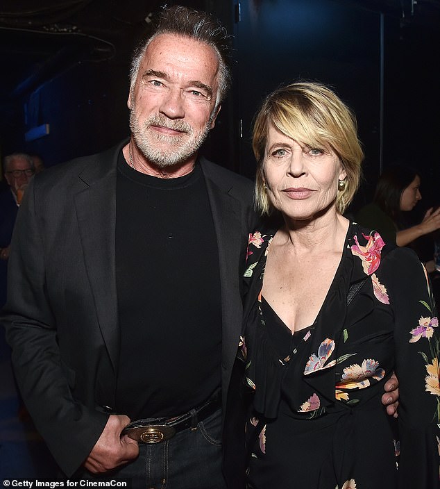 Arnie, now 78, is pictured with Linda Hamilton in 2019 after the pair returned for the last film in the franchise, Terminator: Dark Fate