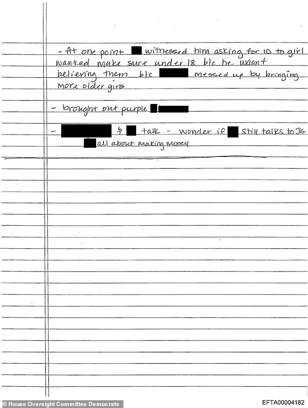 The notes scribbled long-hand say that a redacted person 'witnessed him asking for ID' to a girl because he wanted to 'make sure' she was under 18 and didn't believe them