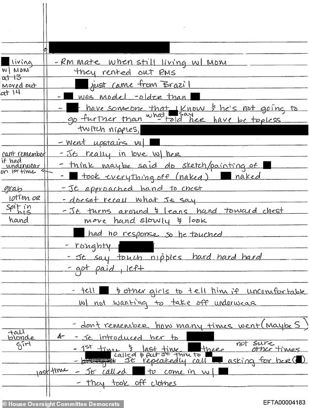 The notes also include references to Epstein's preference for Brazilian girls