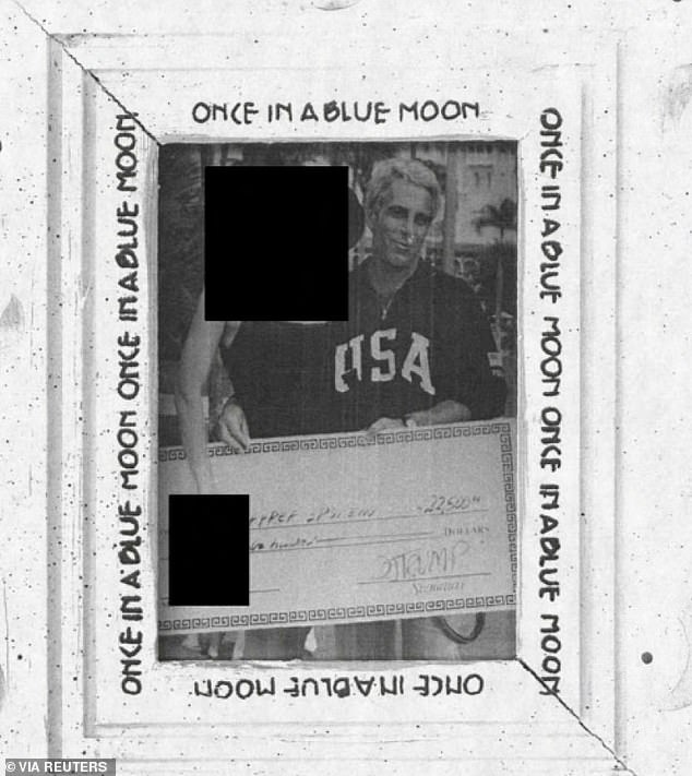 Justice Department Epstein files drop on December 19, 2025 reveal an image of Jeffrey Epstein with a redacted woman holding a giant check from Donald Trump for $22,500