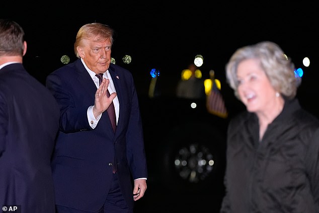 President Donald Trump with White House chief of staff Susie Wiles, right, arrives on Air Force One