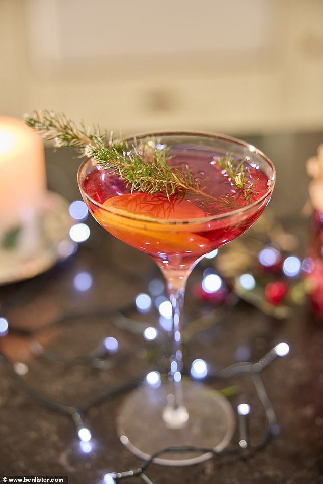 This festive alcoholic cocktail includes fir tree-based cordial, made by boiling the juice of ten lemons and the zest of four with two litres of water, 700g caster sugar and 400g of fir or spruce needles for two hours before straining it