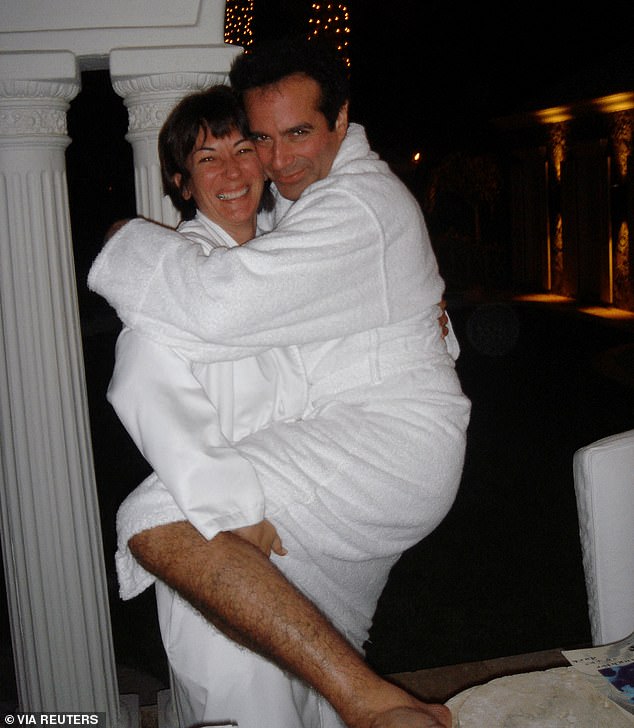 A series of photographs show Maxwell frolicking with celebrity magician David Copperfield, with the pair appearing to be dressed only in white towelling robes
