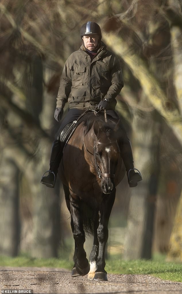 The disgraced royal looks deflated as he rides his horse this morning after latest Epstein Files picture emerged