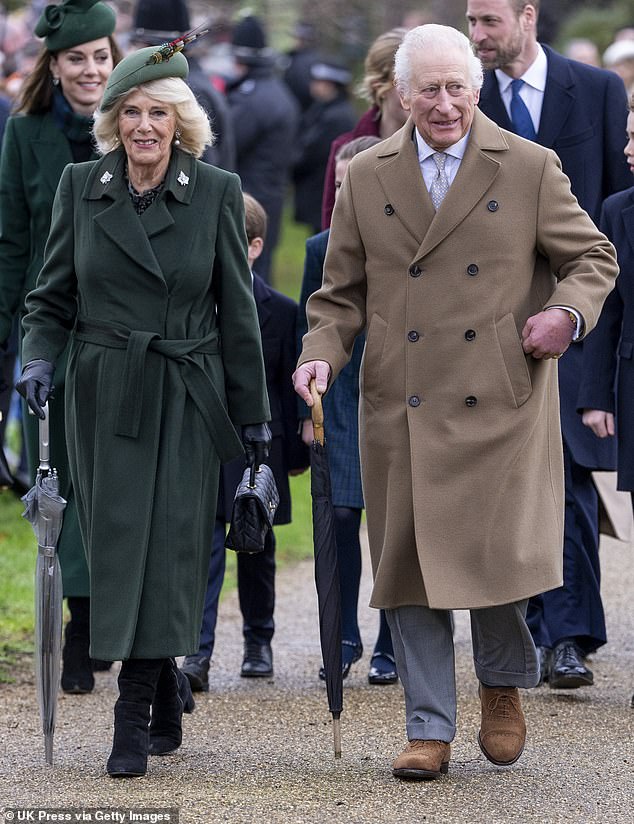 King Charles III and Queen Camilla attend the Christmas Morning Service at St Mary Magdalene Church on December 25, 2024