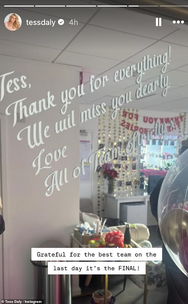 Tess also shared a snap of an emotional message left by the Strictly crew on her mirror, which read: 'Tess, thank you for everything! 'We will miss you dearly. Love, All the team Strictly x'