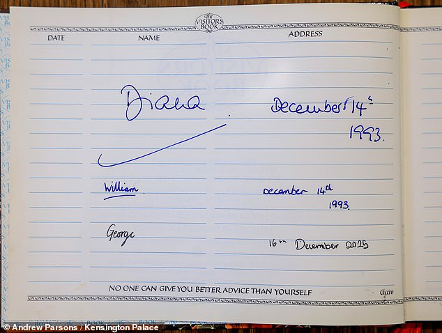 The visitor book at the centre still has the page signed by Princess Dianna and Prince William in 1993 - Prince George added his name this week
