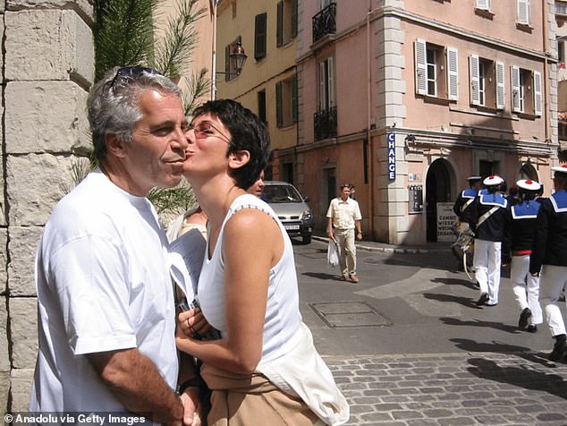 In this photograph, which appears to have been taken in France, an adoring Maxwell leans in to kiss Epstein on the cheek. He looks straight on rather than at his partner