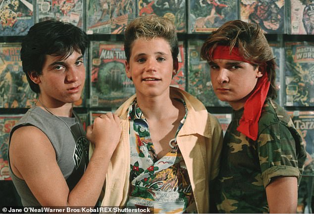 Judy claimed her son was always accompanied on set by his family, including on The Lost Boys. Feldman claimed he was molested by Corey while they filmed the 1987 vampire thriller; Haim and Feldman pictured with co-star Jamison Newlander in a promo shot