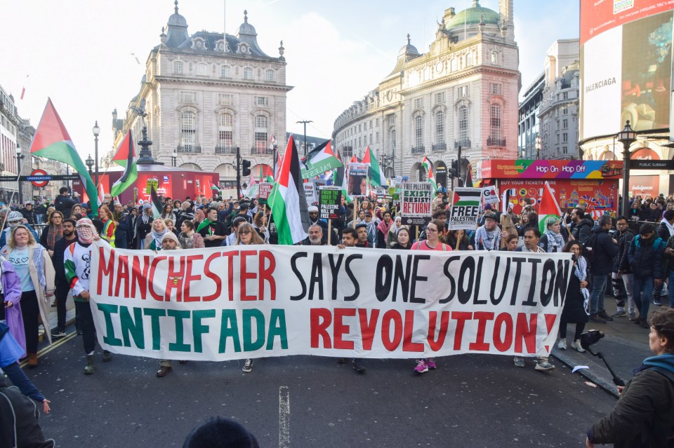 Protesters from Manchester hold a banner calling for an '...