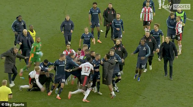 It sparked a huge brawl between dozens of Coventry and Saints players and staff on the pitch