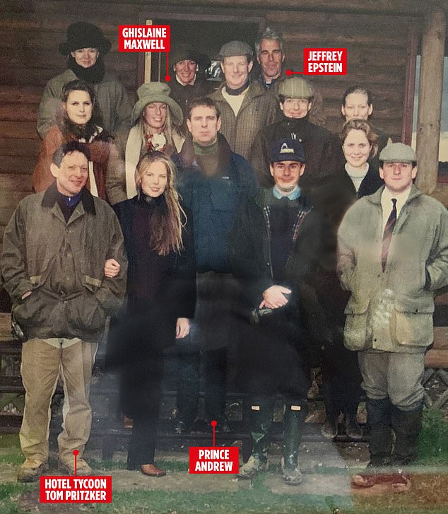 A group including Jeffrey Epstein, Ghislaine Maxwell, Tom Pritzker and Prince Andrew gather for a photograph in front of the Queen's hunting lodge on her Sandringham Estate in 2000
