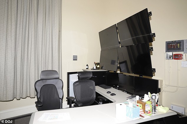 A room at Epstein's home containing a desk with seven monitors. This could be the surveillance room referred to in a federal lawsuit filed last year by two of Epstein's accusers