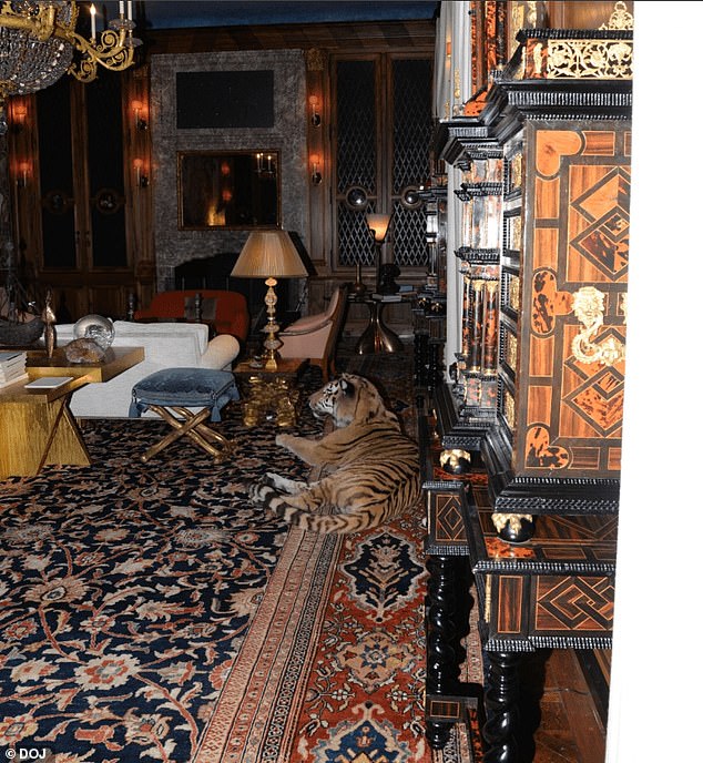 Pictured: A stuffed tiger was seen in one of the rooms of Epstein's home