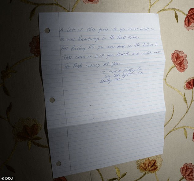 Pictured: A note to Epstein that was found in the home by FBI investigators