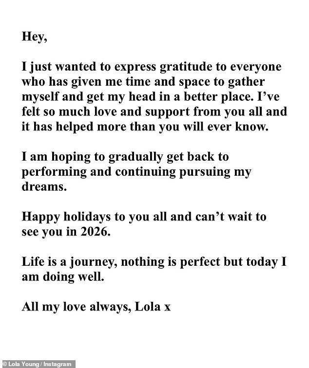 Now, the musician has returned to her social media account with an emotional message, thanking fans and loved ones for giving her the 'time and space to gather myself'