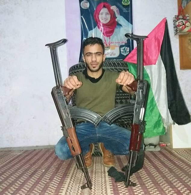 Wadee, seen here posing with two assault rifles in front of a Palestine flag, posted on social media to celebrate his release from prison