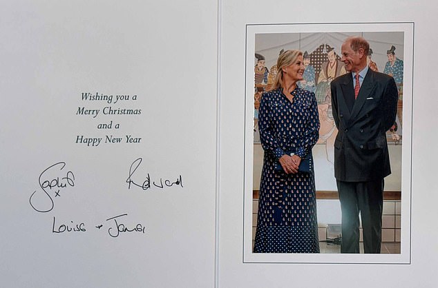 A third picture inside the card showed Edward and Sophie smiling at each other during a sumo wrestling match at the Ryogoku Kokugikan arena, alongside a heartfelt message which read: 'Wishing you a Merry Christmas and a Happy New Year'
