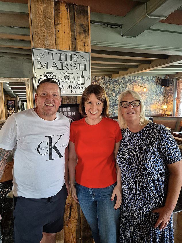Rachel Reeves pictured last year in July with The Marsh landlord Martin Knowles and wife Melanie