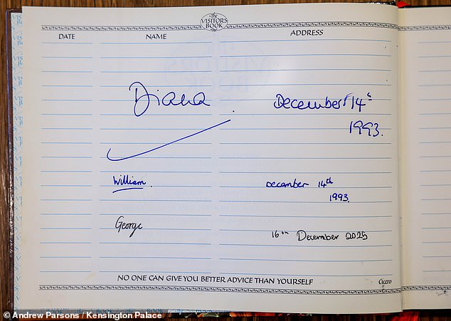 George was 'fascinated' to see a visitors' book which contained the signatures of his grandmother Diana and an 11-year-old William