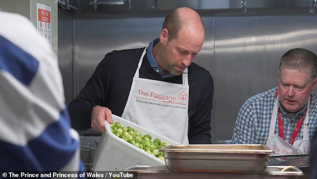Prince William helped with the Christmas lunch by preparing sprouts and placing them in a large container to be steamed