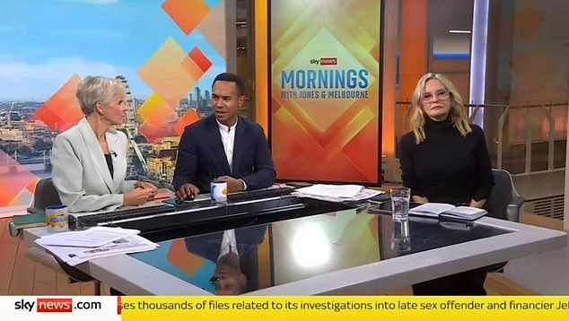 He looks over at his co-presenter Anna Jones (left) before speaking to Sky's sport presenter Jacquie Beltrao (right)