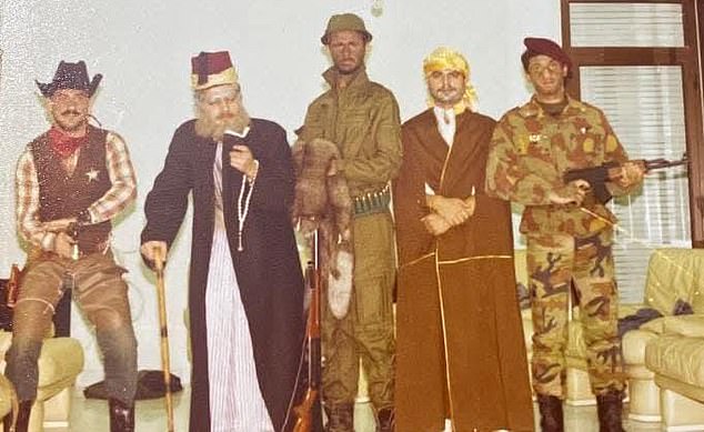 One image shows him in a khaki hunter costume with a gun and fur accessory, standing alongside friends who are also in costume