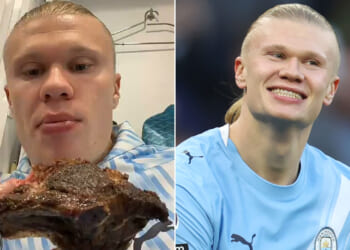 'Eats like a bear' - Fans in stitches as Erling Haaland shares video of post-match meal after two goals in Man City win