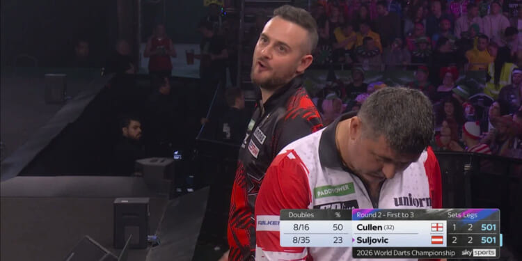 Eagle-eyed fans spot Joe Cullen mouthing off at Mensur Suljovic long before accusing him of ‘cheating’ at Ally Pally
