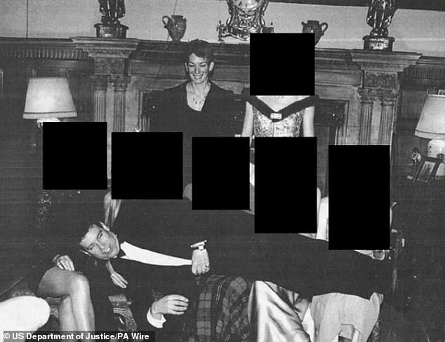 Andrew is seen sprawling across the laps of five elegantly dressed women, while Ghislaine Maxwell lurks in the background, in a photo released as part of the Epstein files