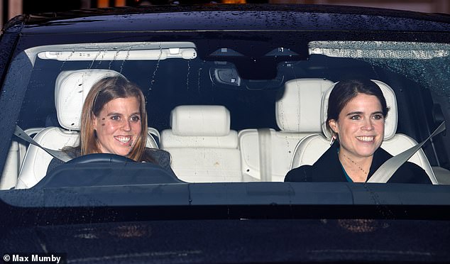 Eugenie and Beatrice pictured arriving for the royal Christmas lunch at Buckingham Palace on Tuesday