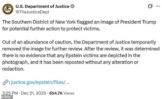 The Department of Justice claimed the photo was removed to ensure no victims were pictured