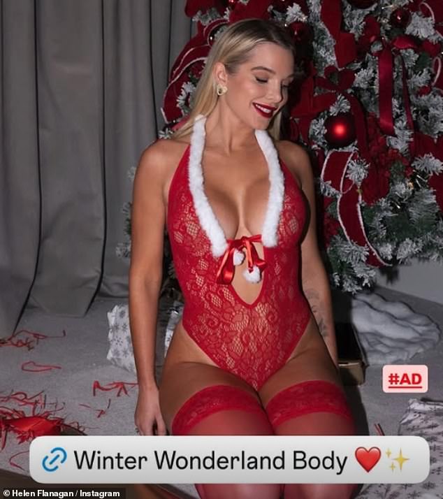 Helen looked nothing short of sensational in the red and white babydoll which she teamed with teamed with a skimpy thong and stockings