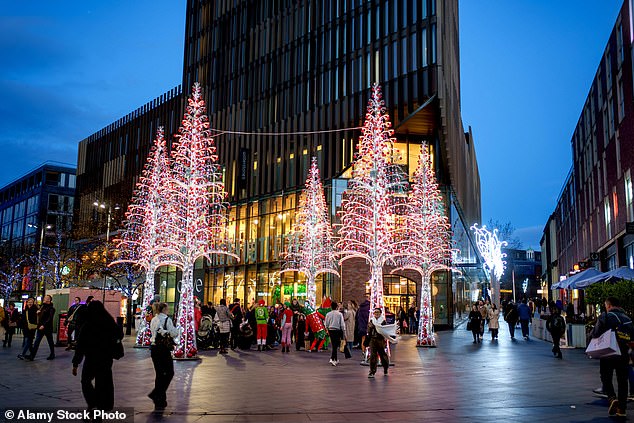 Liverpool One shopping centre was also lit up with Christmas trees, sprucing up the local high street