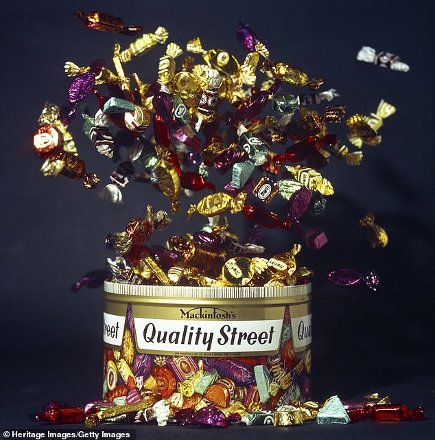 An advert for Mackintosh's Quality Street in 1972. To create the effect of the chocolates exploding from the tin, a hole was cut in the bottom of the tin and compressed air blown through