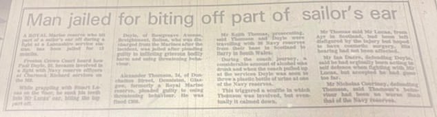 Newspaper cutting of report about Doyle's sentencing 31 years ago for attack on Stuart Lucas